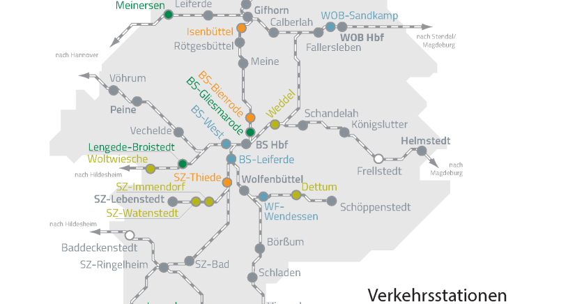 Eine Karte, auf der die barrierefreien Bahnhöfe im Verbandsgebiet des Regionalverbandes Großraum Braunschweig abgebildet sind.