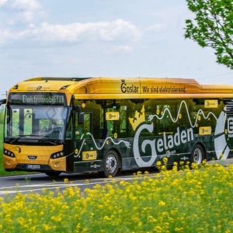 Der erste, auffällig gelb-grün gestaltete Elektrobus von Stadtbus Goslar fährt über eine Landstraße. Im Vordergrund ist ein Rapsfeld zu erkennen.