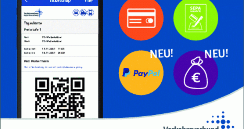 Ein Smartphone, auf dem der Ticketshop der VRB-App geöffnet ist. Daneben die Darstellung der verfügbaren Zahlungsmöglichkeiten Kreditkarte, Lastschrift, PayPal und Prepaid.