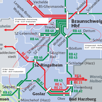 Die Grafik zeigt die Baustellen der Deutschen Bahn innerhalb einer Karte