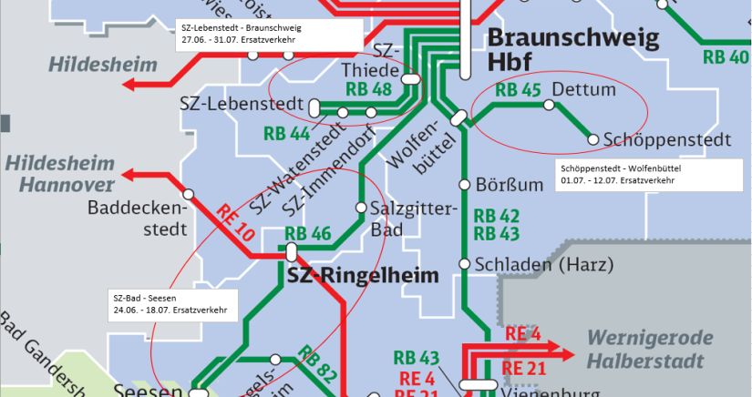 Die Grafik zeigt die Baustellen der Deutschen Bahn innerhalb einer Karte